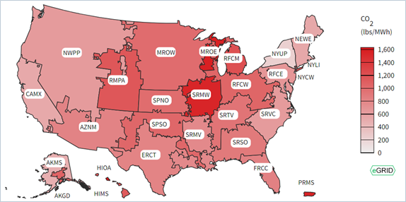 A map of the US EGRID subregions color-coded by carbon emissions intensity. MROE, PRMS, SRMW are all dark red showing high carbon intensity.