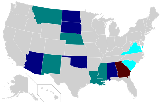 Map of the US by states identifying how public owned utilities identifying how the utility commissioner is selected. Almost all states are appointed by governor except the following. Appointed by legislature: Virginia, South Carolina. Election by single-winner district: Montana, Nebraska, New Mexico, Louisiana, Mississippi. Election at-large for all members: North Dakota, South Dakota, Arizona, Oklahoma. Election at-large from residency districts; suspended as of 19 August 2022.