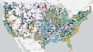 Map of the contiguous US of the major power plants and transmission grid. There is a large concentration east of the Mississippi River, which matches the concentration of the transmission lines shown in the previous image. 